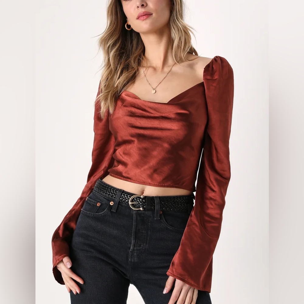 Lulu’s Effortlessly Classy Rust Satin Long Sleeve Cowl Neck Top Size Sma…